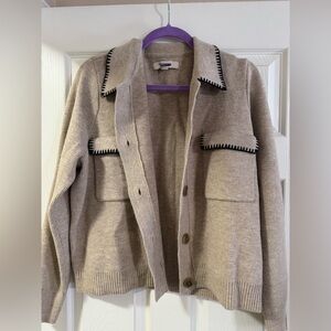 Loft Beige Button-Up Cardigan with Black Trim